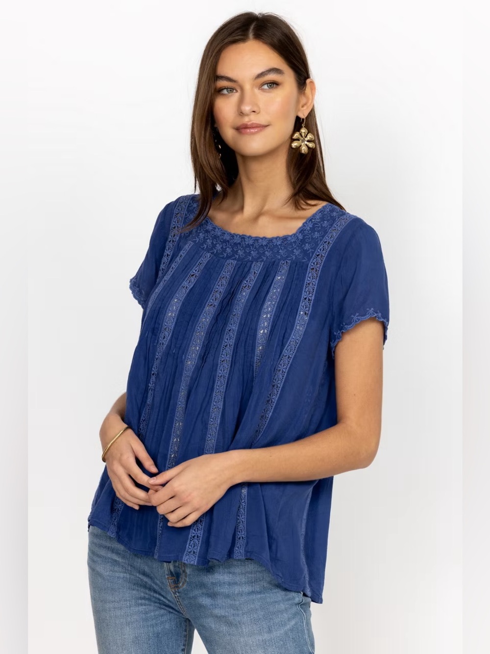 Johnny Was Brigita pleated vertical trims straight fit blouse surf the wave M